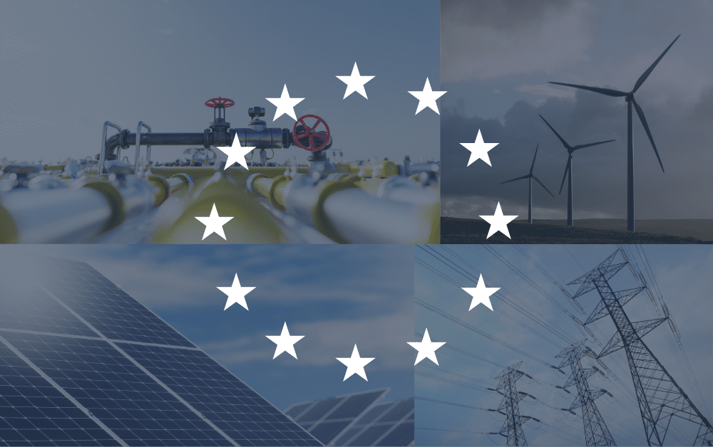 images of gas pipeline, solar panels, electric power lines and win turbines with the EU stars in a circle layered on top. Blog post about Hannover Messe industrial conference.