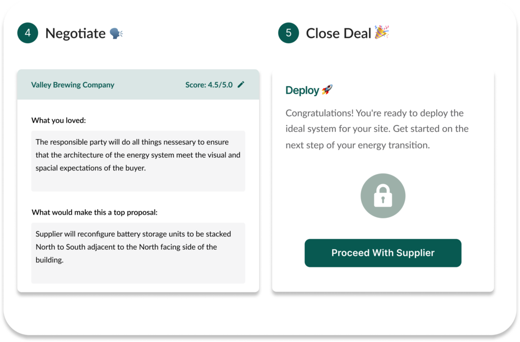 A graphic showing two boxes. The left one is dialogue about the solar RFP and the right one is copy alerting the user that they've closed the solar deal.