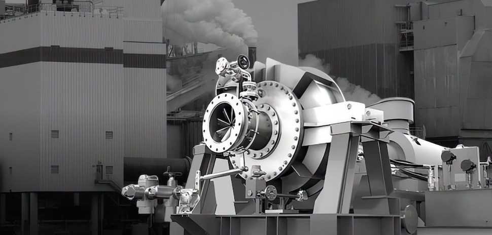 A large silver steam generating heat pump in the foreground with industrial buildings in the background.