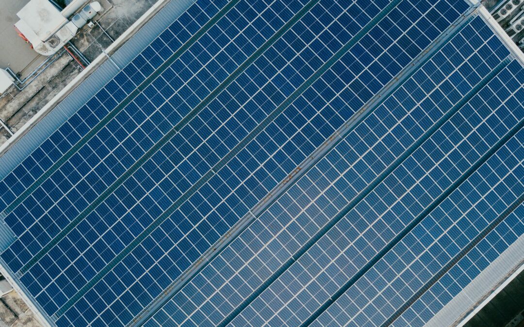 overhead view of solar panels on a roof.