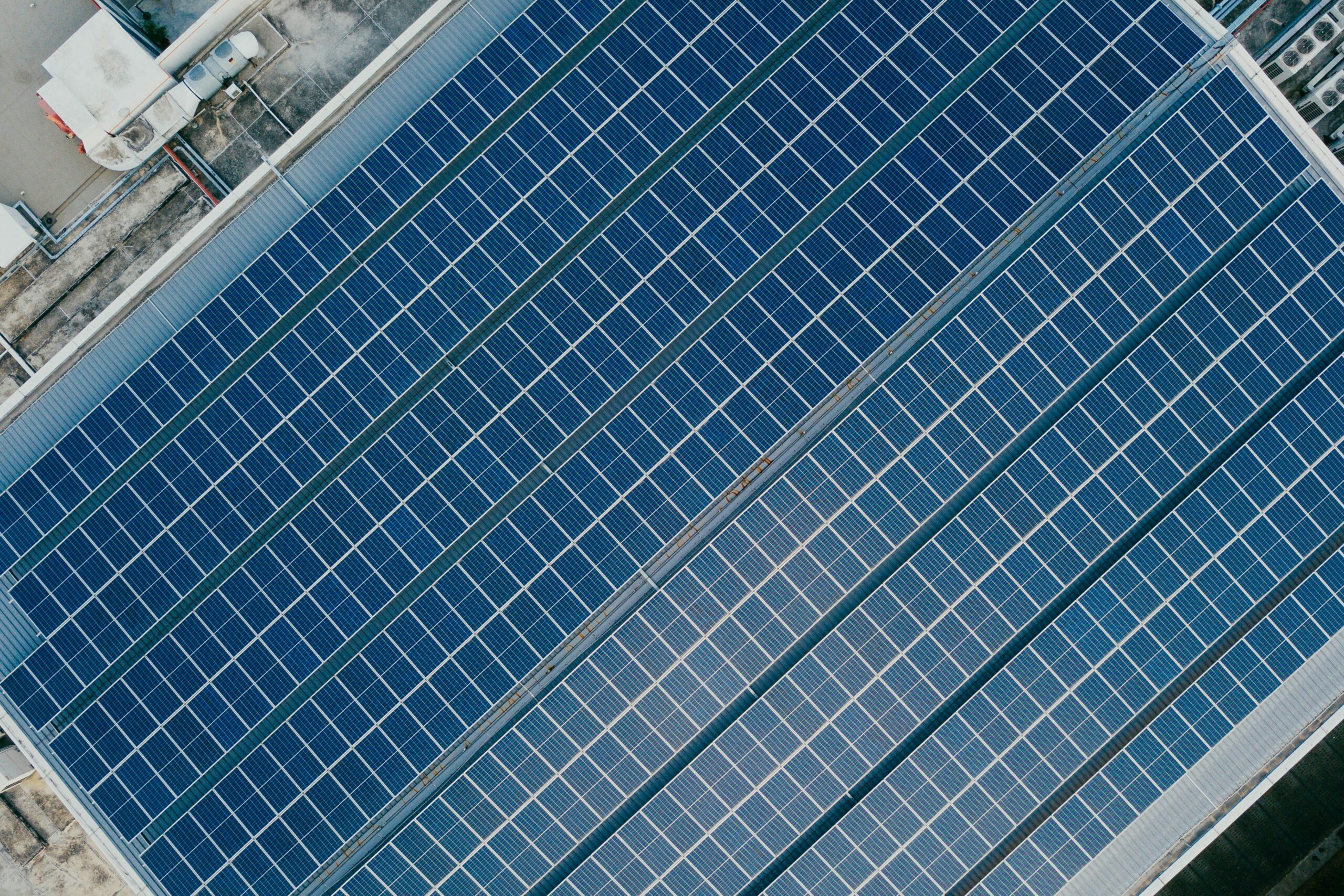 overhead view of solar panels on a roof.