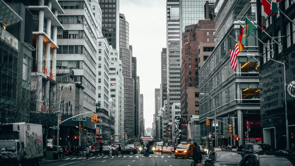 view of New York city down busy street