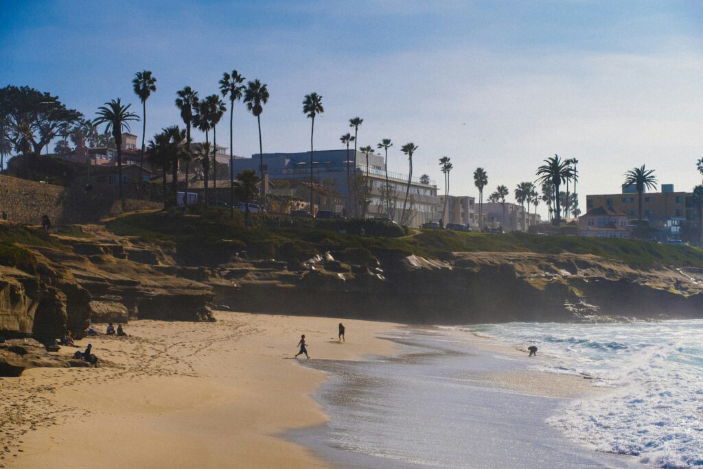 view of beach in southern california with homes and palm trees. People walking on the sand during the morning. 