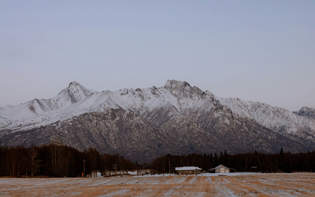 view of mountain in the background with foreground of a farm in winter. Sky is grey and vibe is moody.