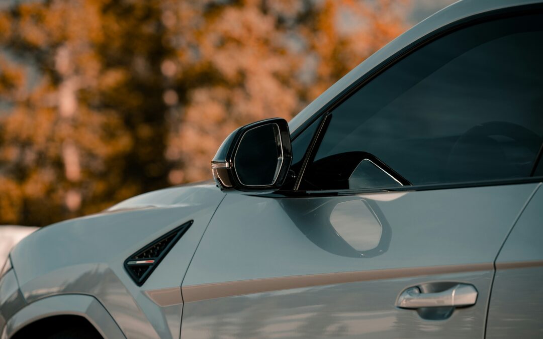 close up of silver sports car with trees in the background