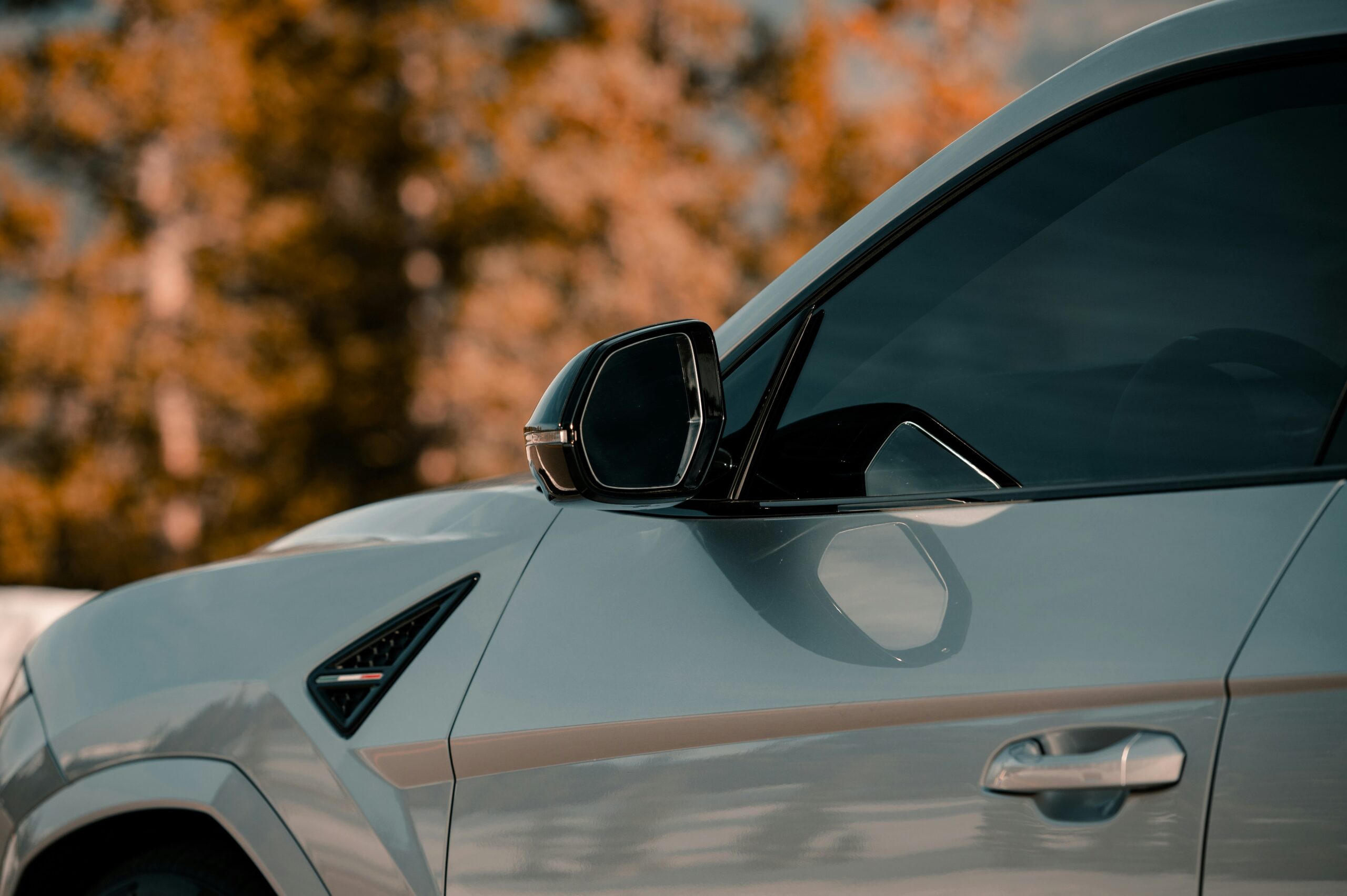 close up of silver sports car with trees in the background